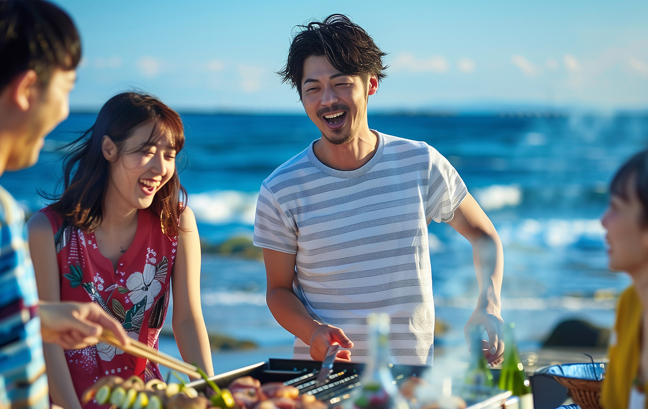 ビーチサイドBBQを楽しむ家族やグループ